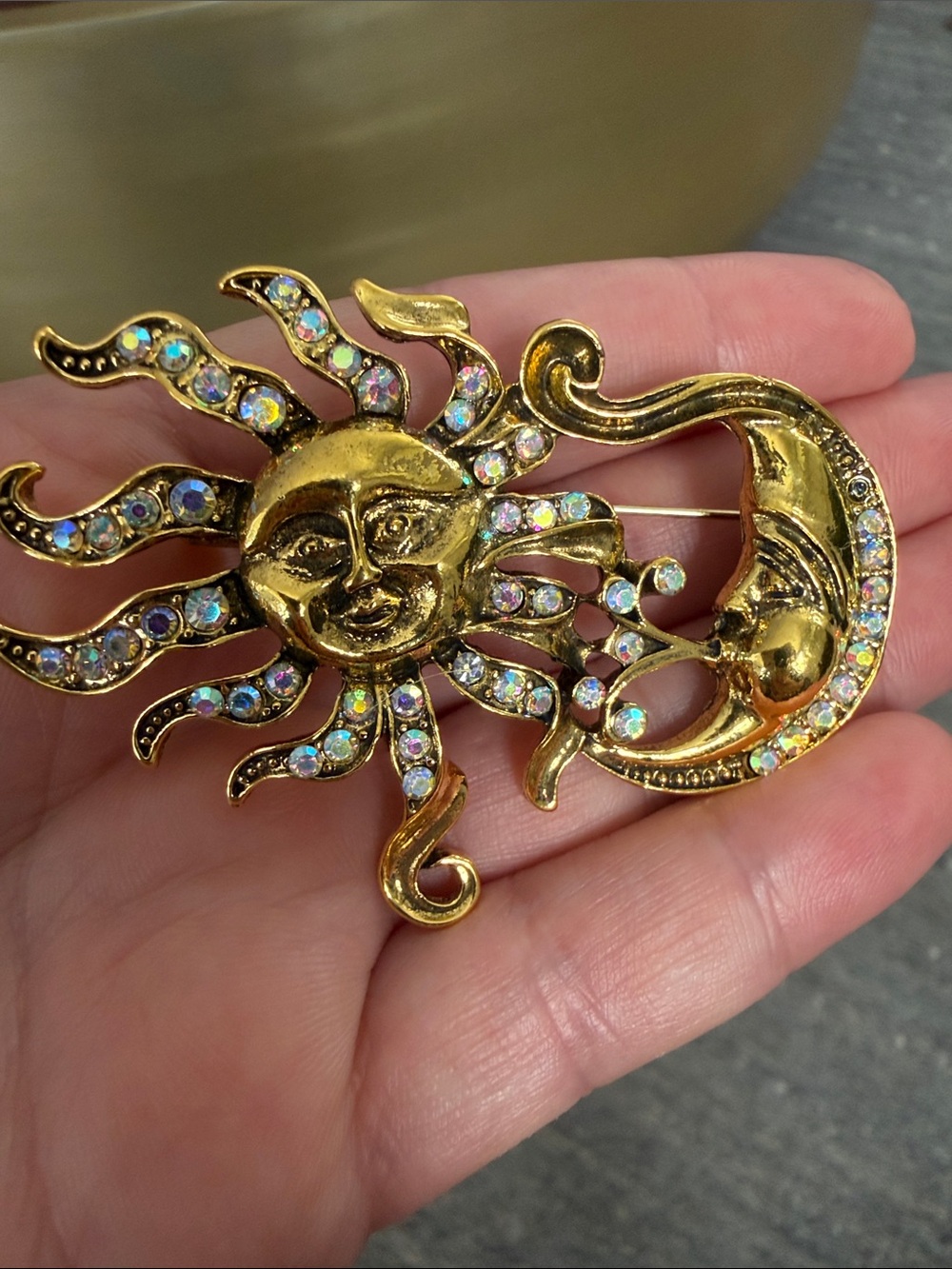 Vintage Celestial Moon and Sun  Rhinestone Brooch - Picture 2 of 6
